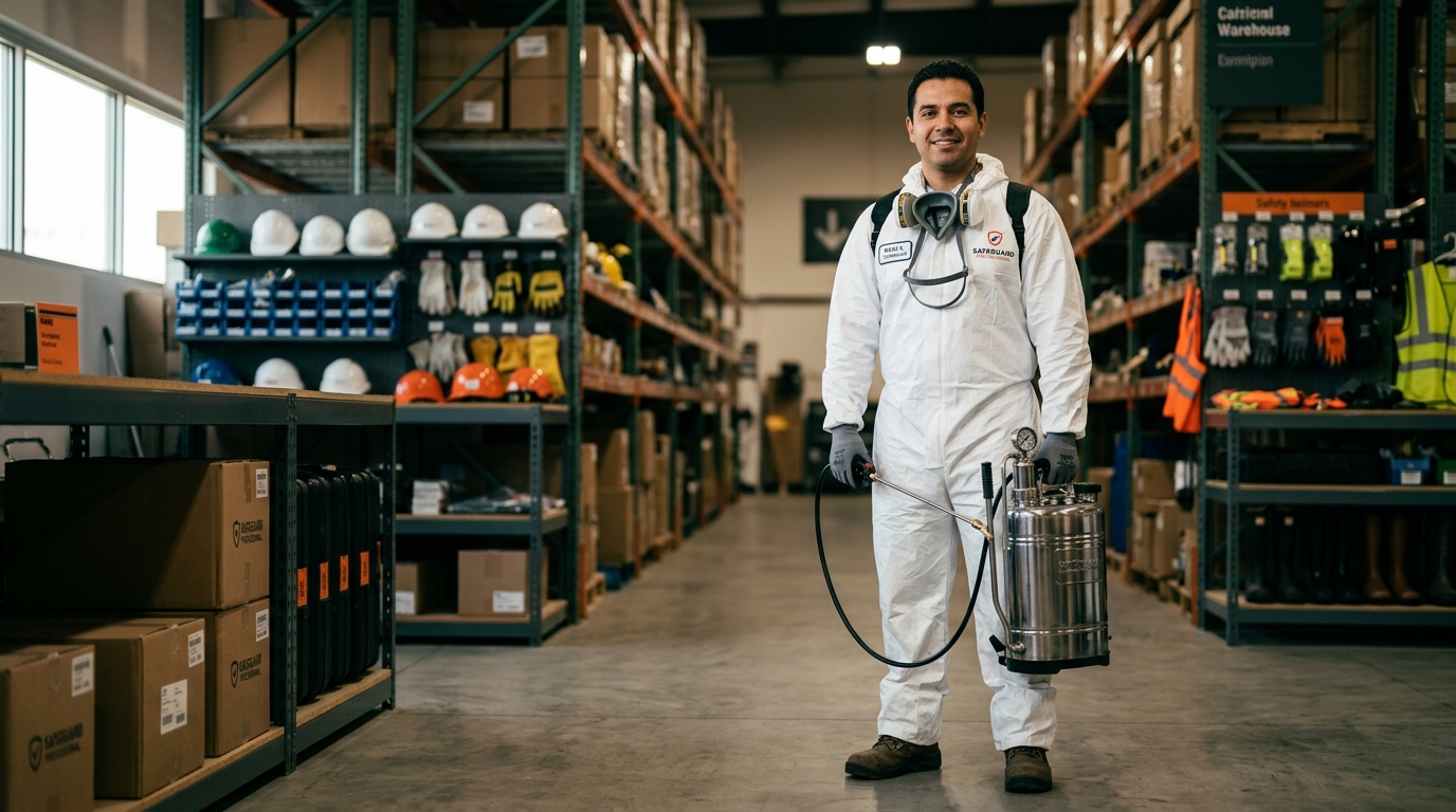 Técnico com EPI completo e pulverizador costal em depósito de equipamentos da Agrolitoral
